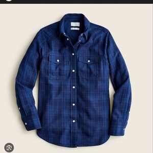 J. Crew 2 Slim Indigo Plaid Shirt Pearl Snap Western